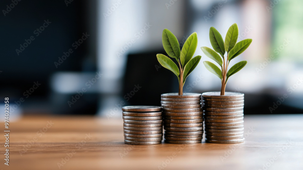 Stacks of coins with small plants growing on top, representing financial growth, investment, and sustainable economic development. Stacks of coins with small plants growing on top, representing financial growth, investment, and sustainable economic development.