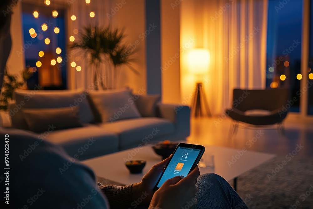 In a sleek living room, a person uses a smart home app to regulate the lighting and temperature, enhancing the ambiance with smart technology for a warm and inviting expe In a sleek living room, a person uses a smart home app to regulate the lighting and temperature, enhancing the ambiance with smart technology for a warm and inviting expe