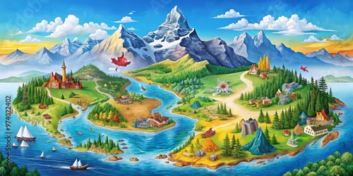 A vibrant, colorful map of Canada showcases its provinces, territories, and majestic mountains, highlighting the photo