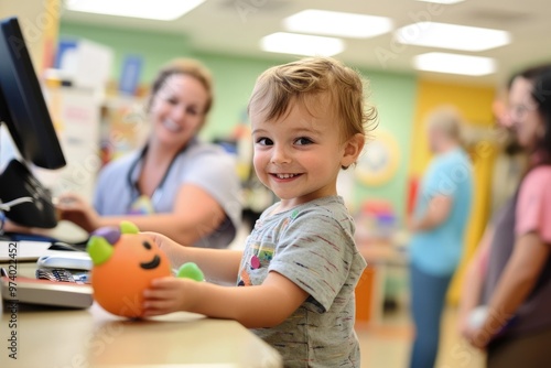 Parents check in their child at the pediatricians office, while the child holds onto a beloved toy, in an environment that is bright, welcoming, and child-friendly.