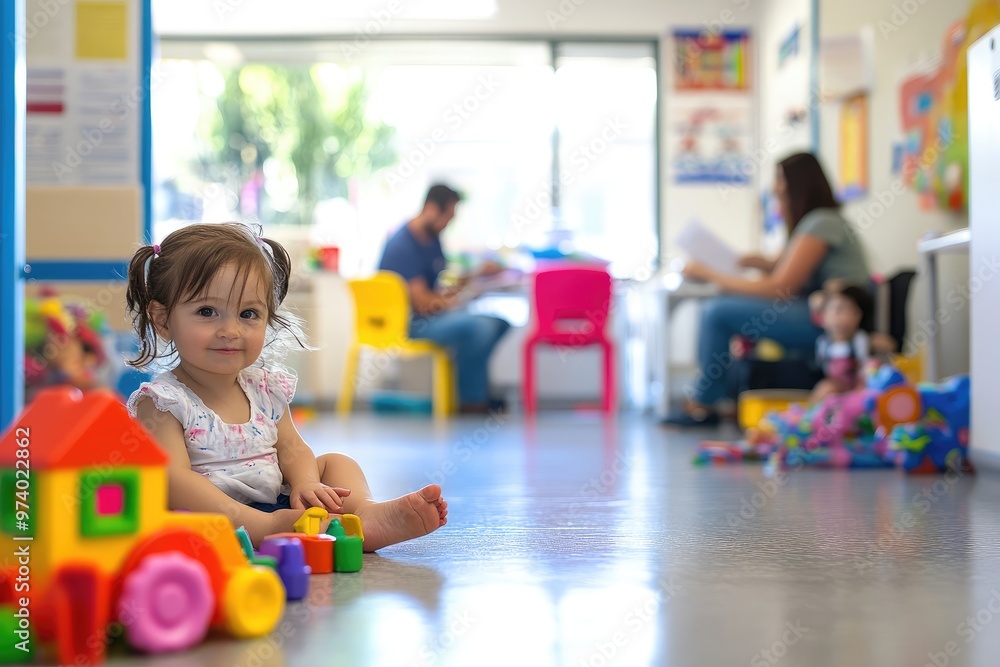 In a pediatricians office, children play with toys while their parents fill out paperwork, creating a bright and cheerful child-friendly environment. In a pediatricians office, children play with toys while their parents fill out paperwork, creating a bright and cheerful child-friendly environment.