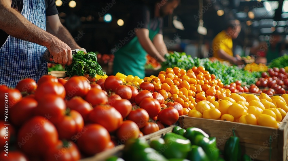 Farmers weighing produce at a rustic market stall Farmers weighing produce at a rustic market stall