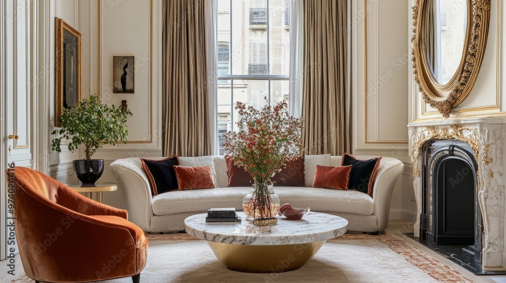 Opulent living room with velvet seating, a marble coffee table, a large gold-framed mirror, and elegant drapes framing a large window. Opulent living room with velvet seating, a marble coffee table, a large gold-framed mirror, and elegant drapes framing a large window.