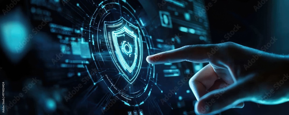 A futuristic hand interacting with a holographic security shield on a ...
