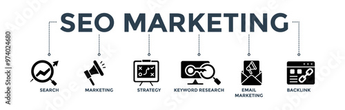Seo marketing banner web icon concept with icon of search, marketing, strategy, keyword research, email marketing, and backlink 
