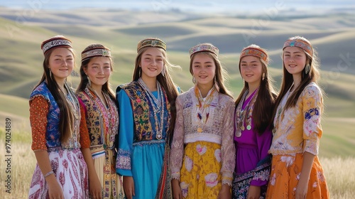 A group of young women in Kalmykian ethnic wear, posing for a portrait against a backdrop of rolling hills and open plains photo