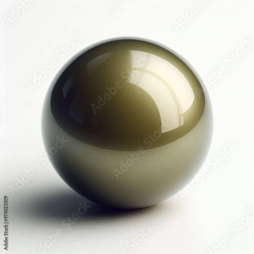 A shiny dark green 3D sphere with a glass-like appearance reflecting light and showcasing a transparent bubble design