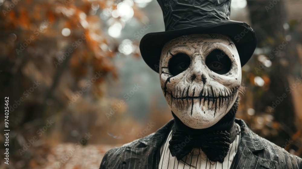 Man in creepy skull mask and top hat in eerie outdoor setting Man in creepy skull mask and top hat in eerie outdoor setting