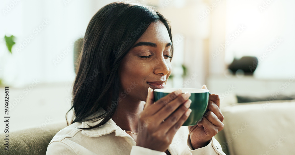Indian woman, coffee and morning with calm, relax and aroma in home with hot drink in living room. Idea, tea cup and latte on weekend with wellness and mug with memory and joy from reflection Indian woman, coffee and morning with calm, relax and aroma in home with hot drink in living room. Idea, tea cup and latte on weekend with wellness and mug with memory and joy from reflection