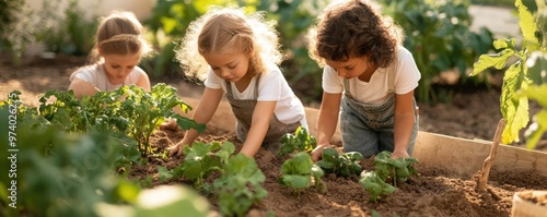 Children learning to farm in a community garden, representing the future of sustainable agriculture and environmental stewardship photo