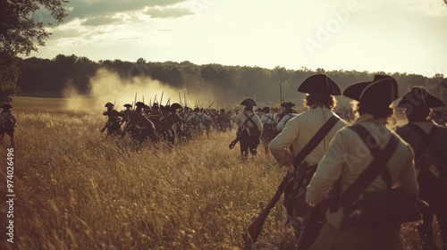 American Revolutionary War reenactment on the Fourth of July, with actors in colonial uniforms, recreating a battle scene in a field setting