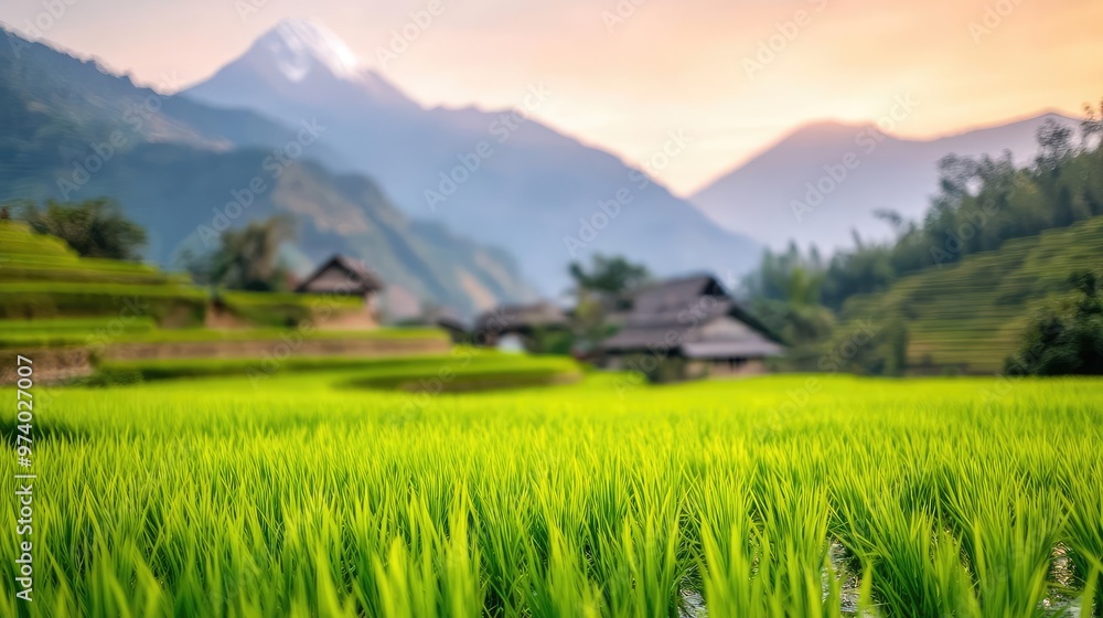 Mountain village surrounded by terraced rice fields, embodying harmony with nature, sustainable development, sufficiency economy in rural areas Mountain village surrounded by terraced rice fields, embodying harmony with nature, sustainable development, sufficiency economy in rural areas