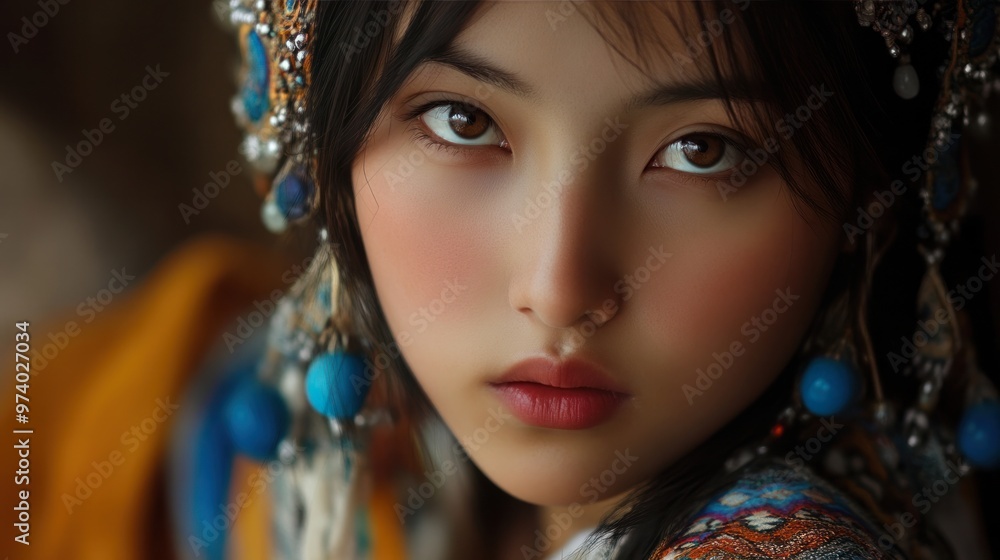 Artistic ethnic portrait of a Mongolian girl, using a mix of natural and studio lighting to create a dramatic effect, with a focus on her cultural attire Artistic ethnic portrait of a Mongolian girl, using a mix of natural and studio lighting to create a dramatic effect, with a focus on her cultural attire