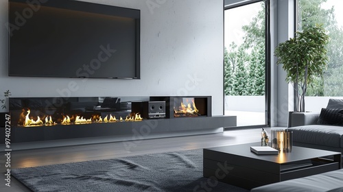 Sleek Modern Fireplace with Flat-Screen TV in Contemporary Living Room, Flickering Flames Creating Dynamic Wall Patterns, Coffee Table Adding Warmth