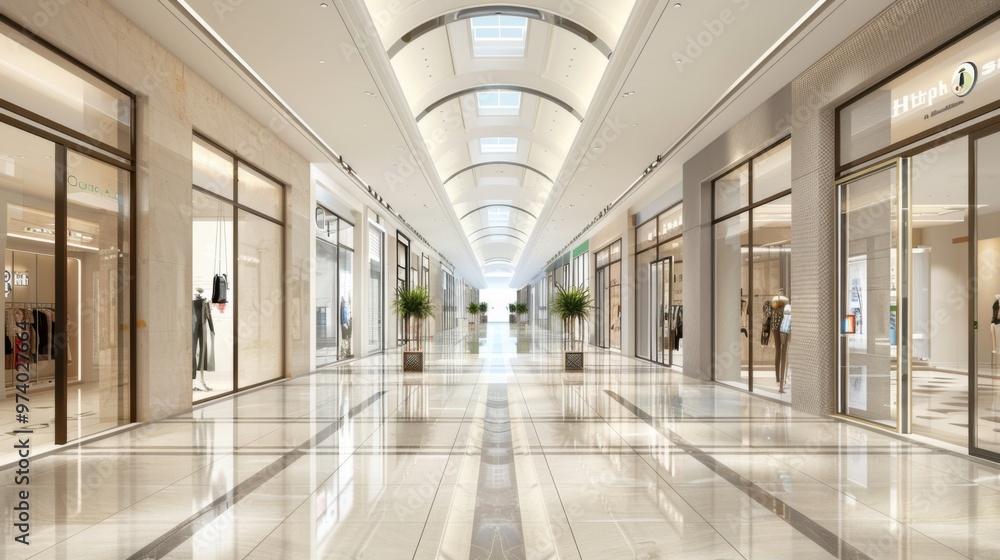 Fototapeta premium interior of an elegant shopping mall,&nbsp;showcasing its spacious and well&nbsp;-&nbsp;lit corridor with glass doors on both sides leading to different stores
