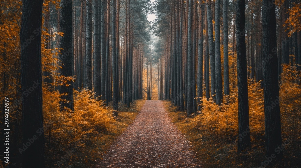 Obraz premium Autumn forest path, with tall trees on either side displaying vibrant fall foliage, leading into the depth of the forest