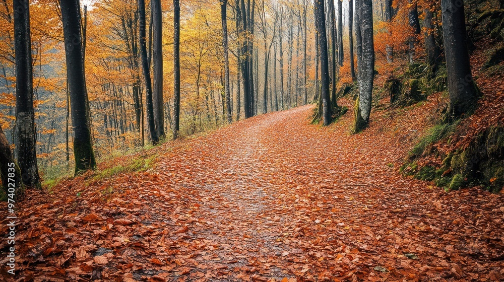 Autumn hiking trails through a forest, with a carpet of fallen leaves on the path, surrounded by trees displaying warm autumn colors Autumn hiking trails through a forest, with a carpet of fallen leaves on the path, surrounded by trees displaying warm autumn colors