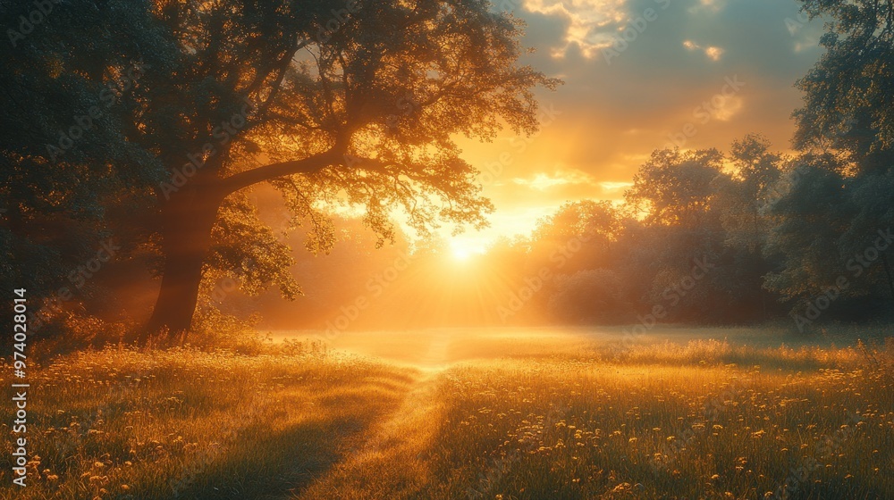 Fototapeta premium Serene sunrise illuminating a tranquil meadow with golden hues.