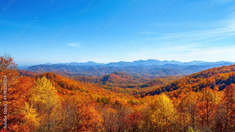 Autumn mountain view, showcasing a panoramic landscape of mountains blanketed in vibrant fall foliage, with a clear blue sky above Autumn mountain view, showcasing a panoramic landscape of mountains blanketed in vibrant fall foliage, with a clear blue sky above