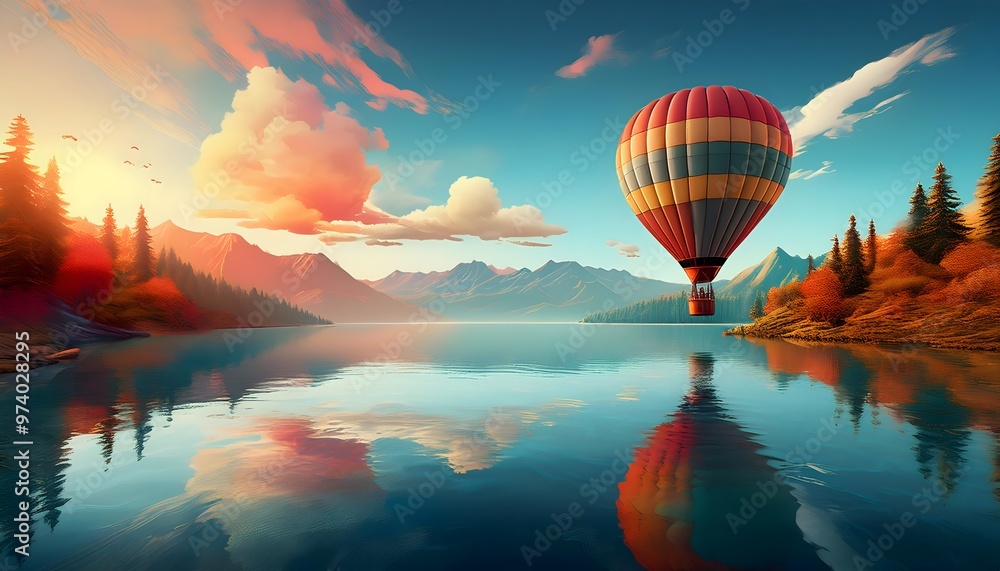 Obraz premium dynamic poster of a hot air balloon over the lake