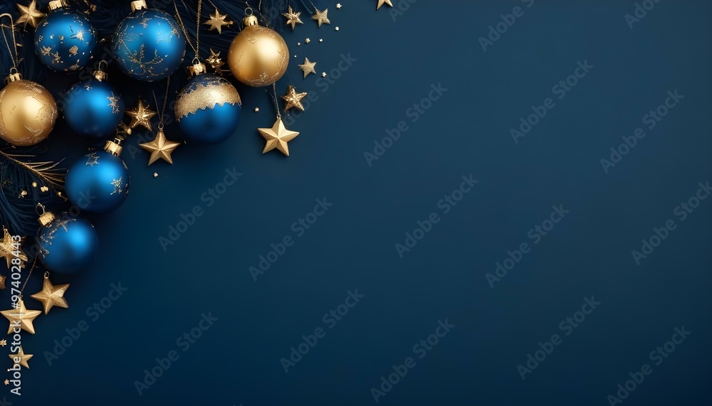 Gold and blue Christmas ornaments and stars on a dark blue background. Gold and blue Christmas ornaments and stars on a dark blue background.