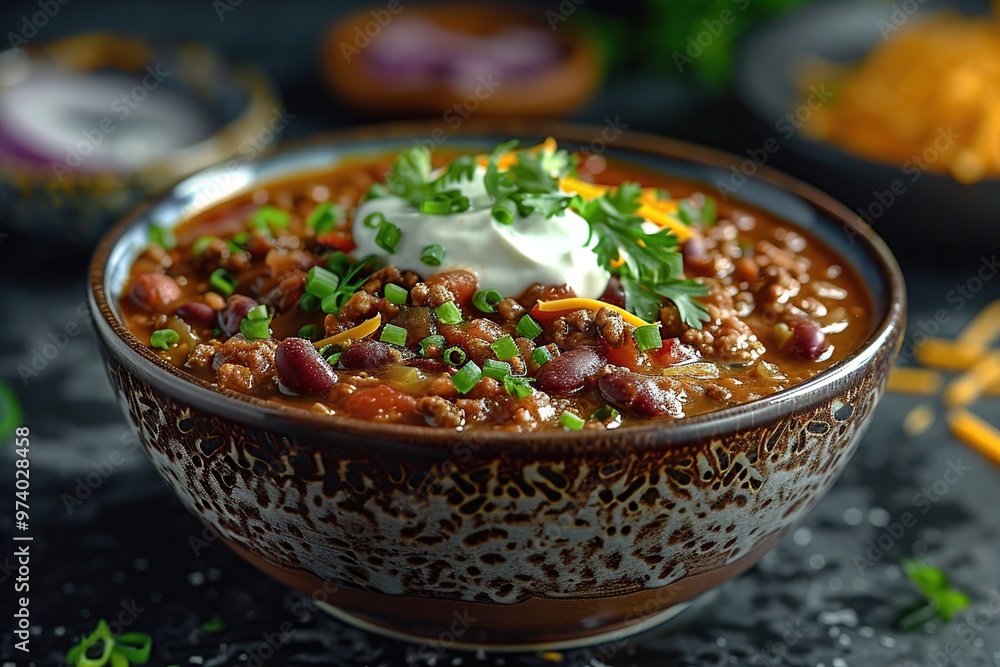 Bowl of Chili with Sour Cream and Toppings