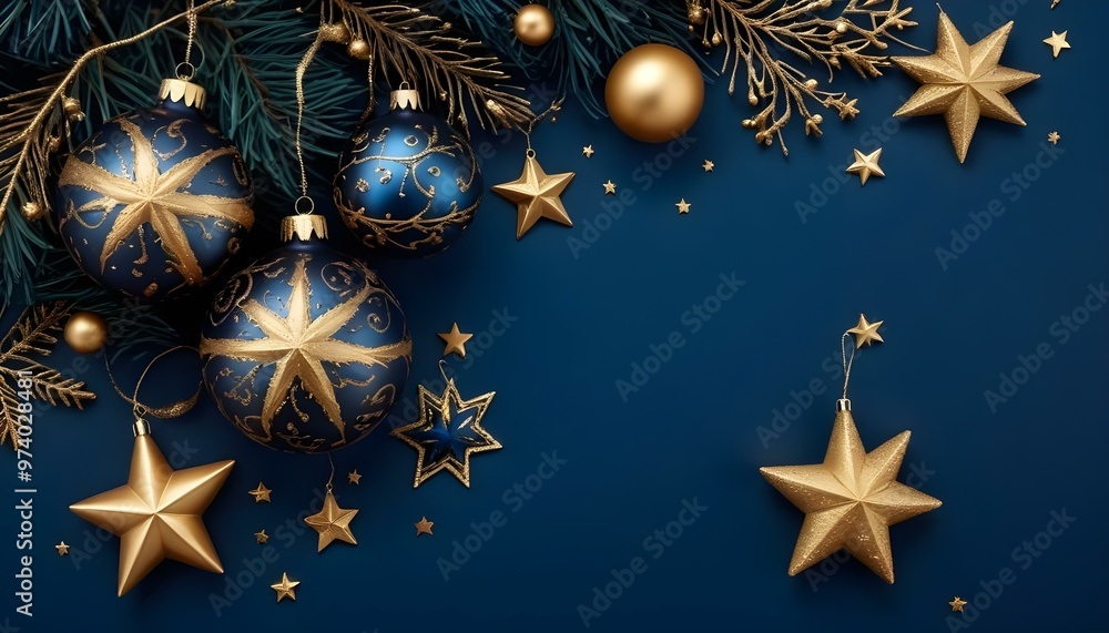 Gold and blue Christmas ornaments and stars on a dark blue background. Gold and blue Christmas ornaments and stars on a dark blue background.
