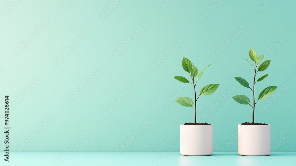 Two indoor plants in white pots against a mint green background, perfect for home decor and nature-themed designs. Two indoor plants in white pots against a mint green background, perfect for home decor and nature-themed designs.