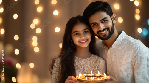 indian farther and daughter holding plate of oil lamps photo