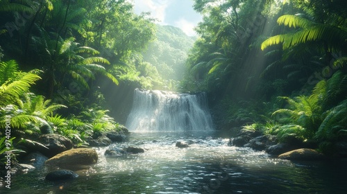 Lush jungle scene with a serene waterfall and vibrant greenery.