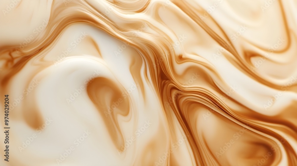 A close-up of milk swirling into coffee, creating intricate, organic patterns with soft gradients of browns and creams, forming a relaxing and artistic visual against a smooth background A close-up of milk swirling into coffee, creating intricate, organic patterns with soft gradients of browns and creams, forming a relaxing and artistic visual against a smooth background