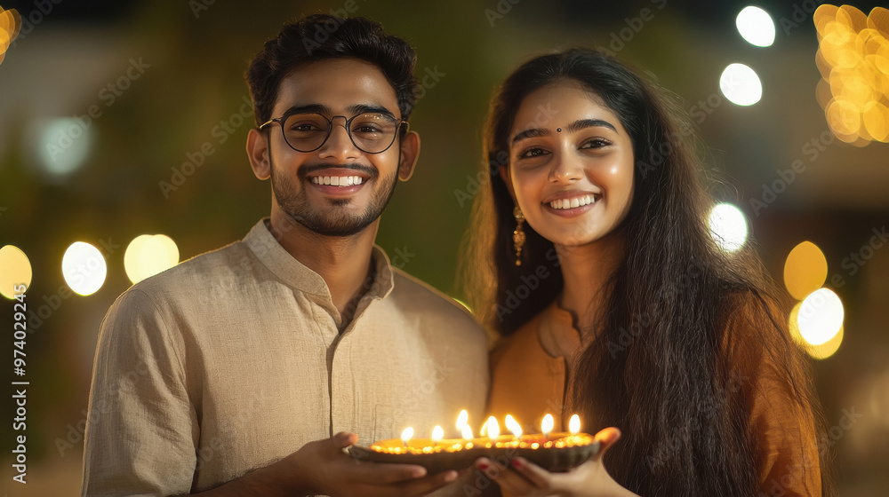 young indian couple celebrating diwali holding plate of diya young indian couple celebrating diwali holding plate of diya