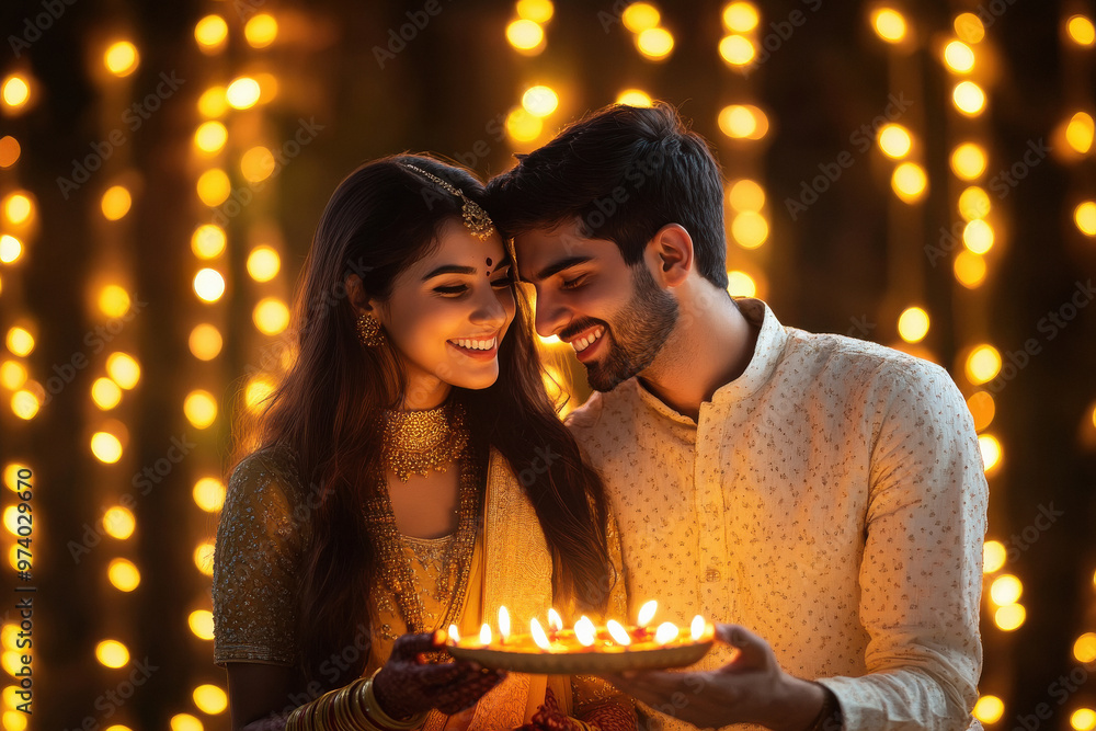 young indian couple celebrating diwali holding plate of diya young indian couple celebrating diwali holding plate of diya