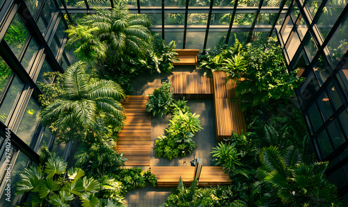 A lush, tropical garden enclosed by a modern glass structure. photo