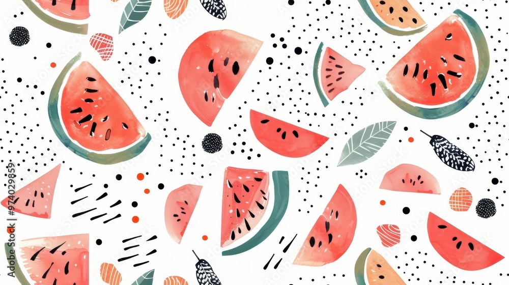 Watercolor seamless pattern of watermelon slices on a white background. Ideal for vibrant, fresh, and summer-inspired designs. Watercolor seamless pattern of watermelon slices on a white background. Ideal for vibrant, fresh, and summer-inspired designs.