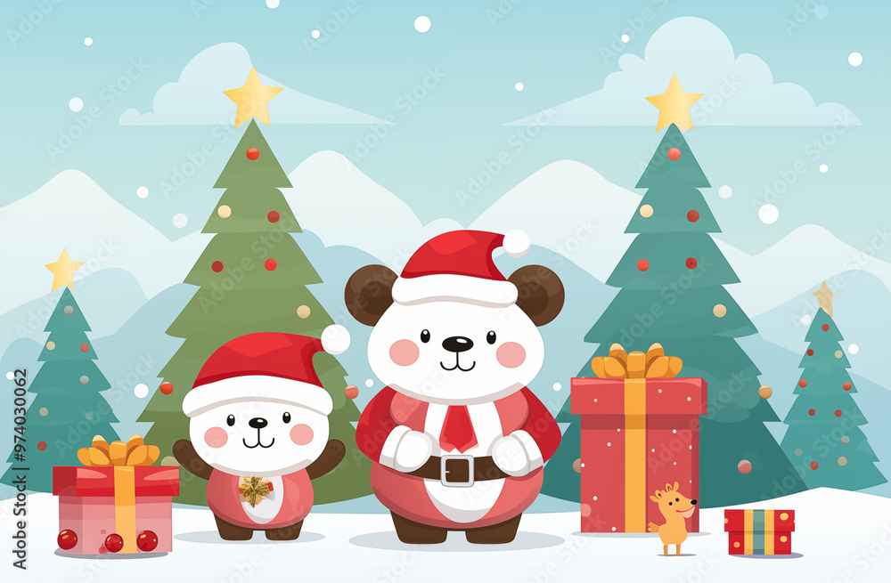 Obraz premium Christmas Tree, Cartoon bears, Santa hat, presents and gifts against a blue background. Merry Christmas!