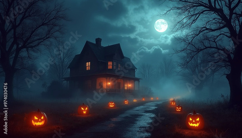 A dark and eerie haunted house at night glowing jack-o-lanterns lining the path, surrounded by thick fog, Halloween-themed