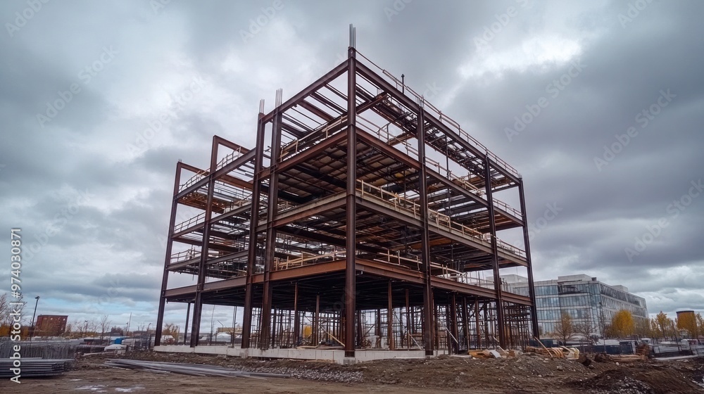 Building under construction with a focus on the steel framework and the gradual development of the structure, cloudy sky above Building under construction with a focus on the steel framework and the gradual development of the structure, cloudy sky above