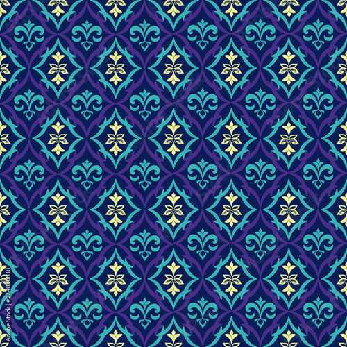 Blue and yellow damask and geometric patterns that are traditional, ethnic, Navajo, or Native American Indian. designs for clothing, curtains, carpets, sarongs, Hmong, and fabric edges.