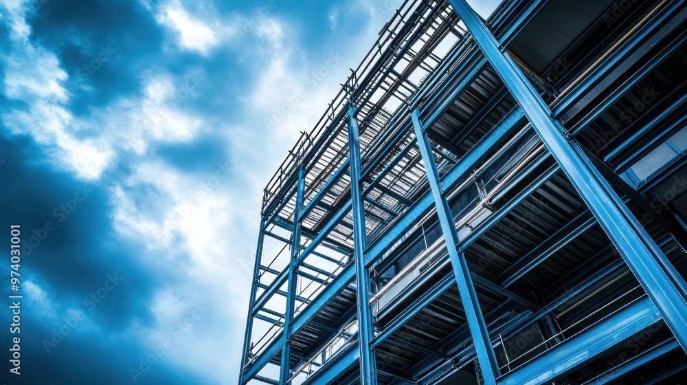 Obraz premium Building under construction with a focus on the steel framework and the gradual development of the structure, cloudy sky above