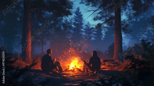 Wallpaper Mural Campfire storytelling scene with a couple sharing tales around a campfire, cozy atmosphere, dark forest backdrop Torontodigital.ca