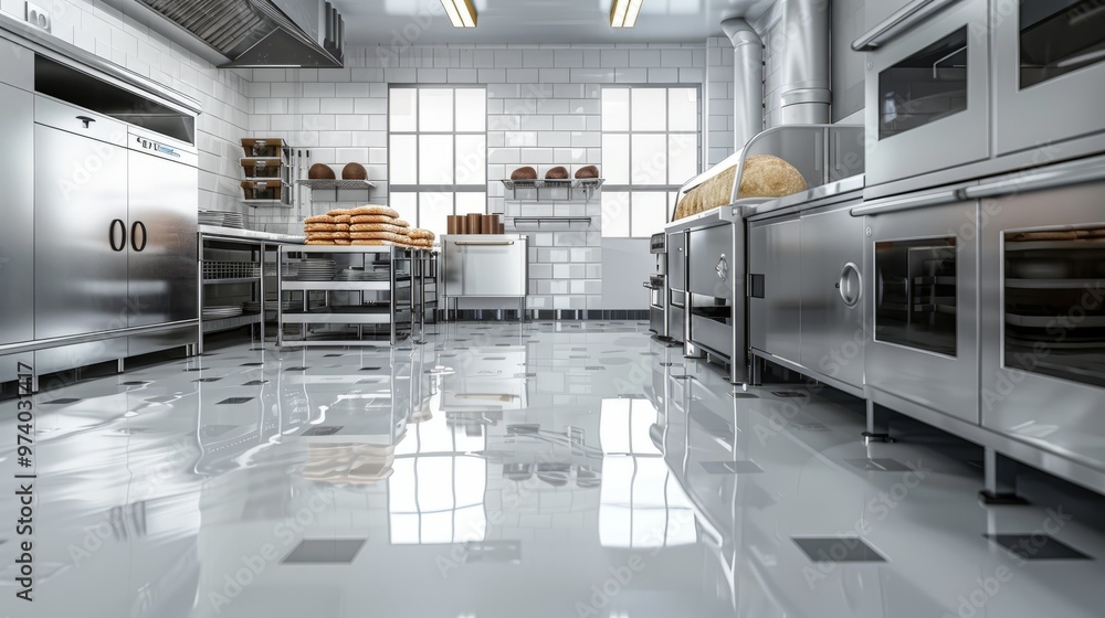 A large commercial kitchen with stainless steel appliances A large commercial kitchen with stainless steel appliances