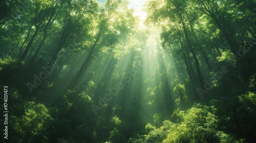 Serene forest with sunlight filtering through lush green trees.