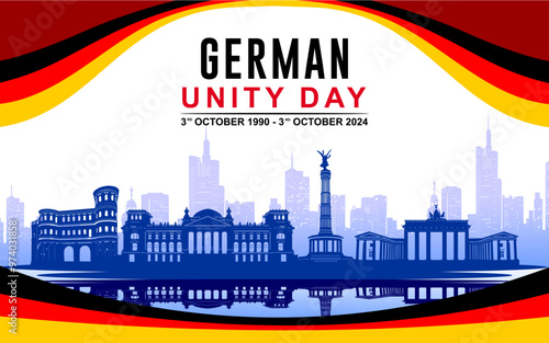 German Unification Day 2024 Gradient Banner with Brandenburg Gate Silhouette and other landmarks. German Unification Day celebration banner, background, poster, template, greeting, vector illustration