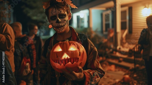 Young person in skull makeup holding a glowing jack-o'-lantern photo