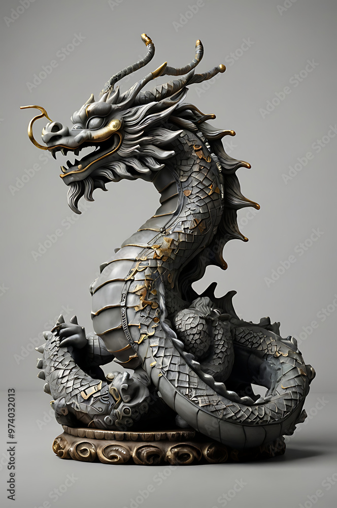 Fototapeta premium Illustration of a Vastu Feng Shui dragon statue on a plain gray background