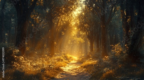 A serene forest path illuminated by golden sunlight.