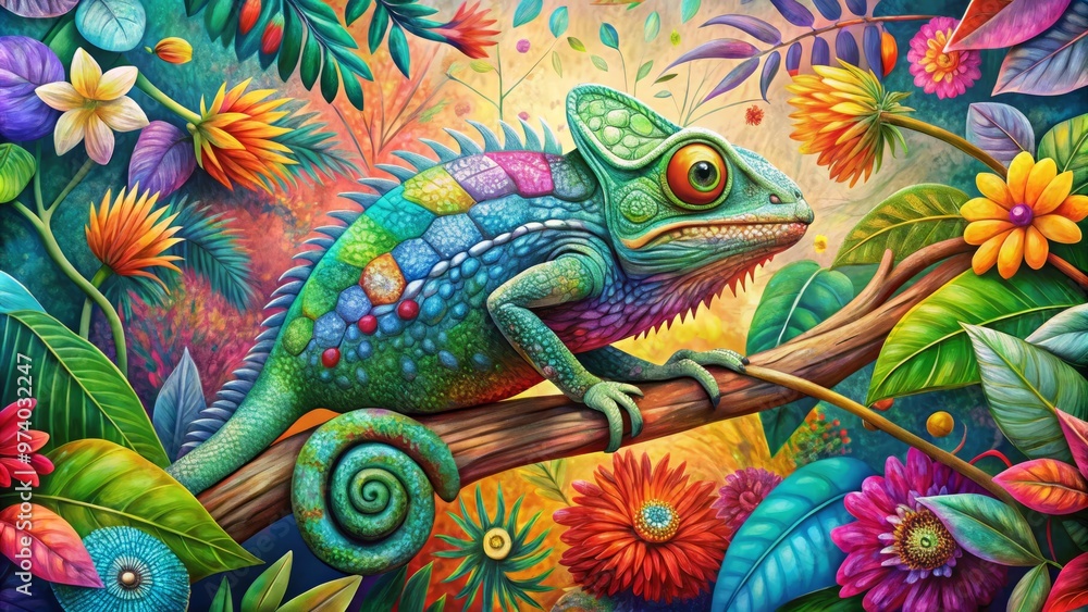 Obraz premium A vibrant, whimsical illustration of a chameleon perched on a branch, surrounded by colorful sketches of leaves and
