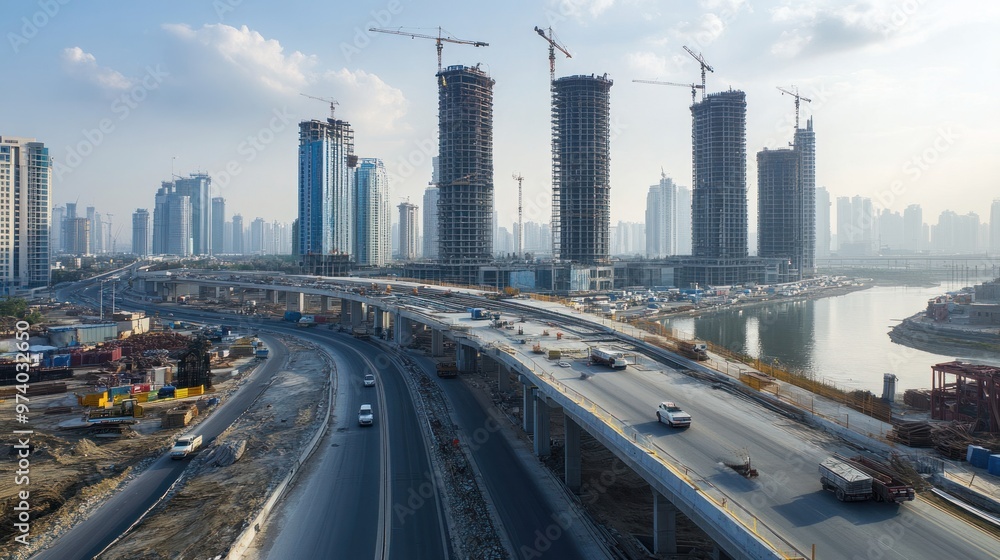 Fototapeta premium City infrastructure construction showing new bridges and roads being developed alongside high-rise buildings