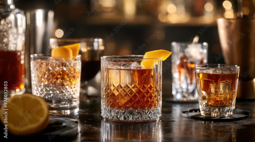 Classic cocktails such as Old Fashioned, Martini, and Negroni, served in traditional glassware with a vintage vibe Classic cocktails such as Old Fashioned, Martini, and Negroni, served in traditional glassware with a vintage vibe